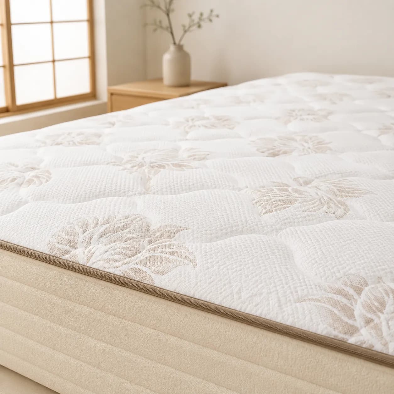 Colchão Gran Relax no acabamento bege, em close do tampo e do tecido jacquard matelassê