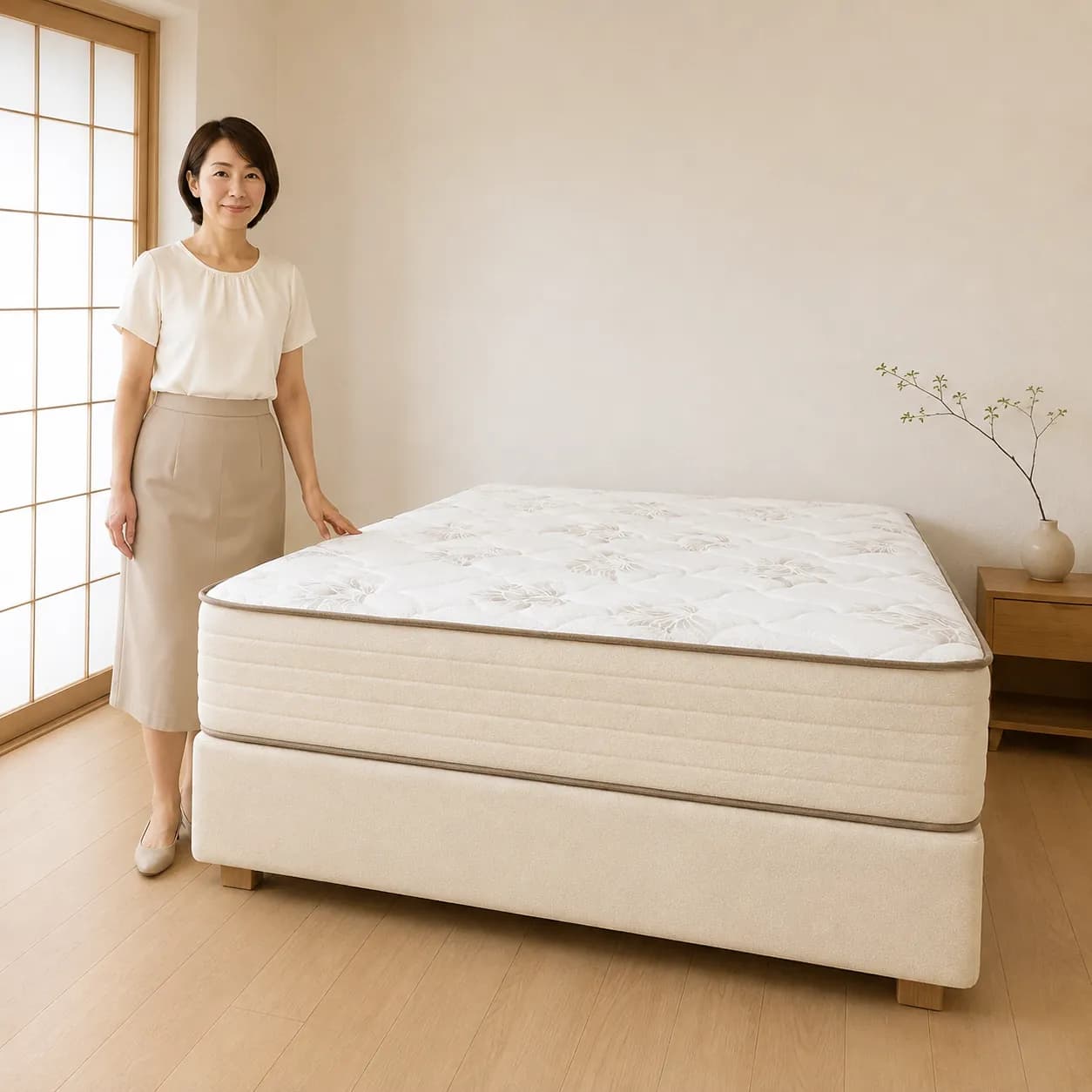 Colchão Gran Relax no acabamento bege, em ambiente minimalista de inspiração japonesa