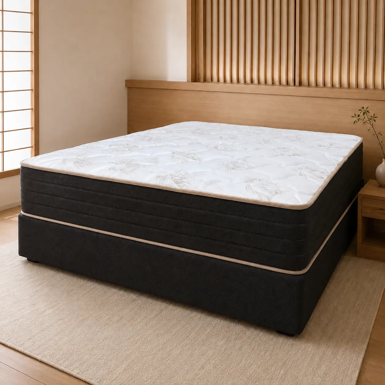 Colchão Gran Relax no acabamento preto, montado em um quarto contemporâneo de inspiração japonesa